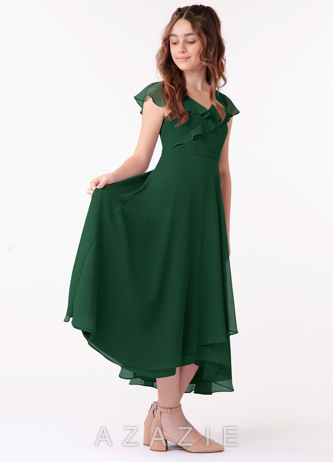 Azazie Posie Junior Dark Green A-Line Ruched Chiffon Dress dark_green