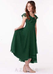 Azazie Posie Junior Dark Green A-Line Ruched Chiffon Dress dark_green