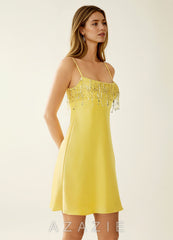 SeJone Light Yellow Sequin Embroidery Satin Mini Dress