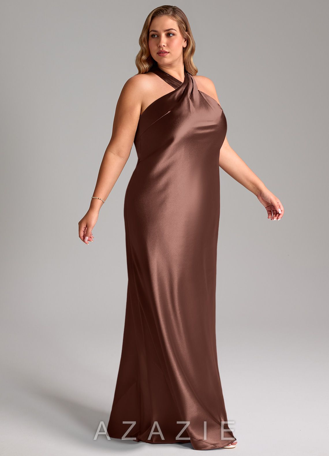 Azazie Doretta Espresso Mermaid Bow Metallic Satin Dress espresso