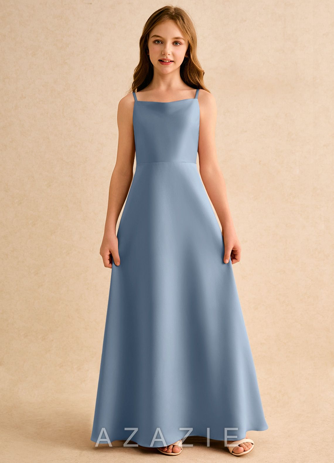 Azazie Joella Girls Formal Dusty Blue A-Line Pleated Matte Satin Dress dusty_blue