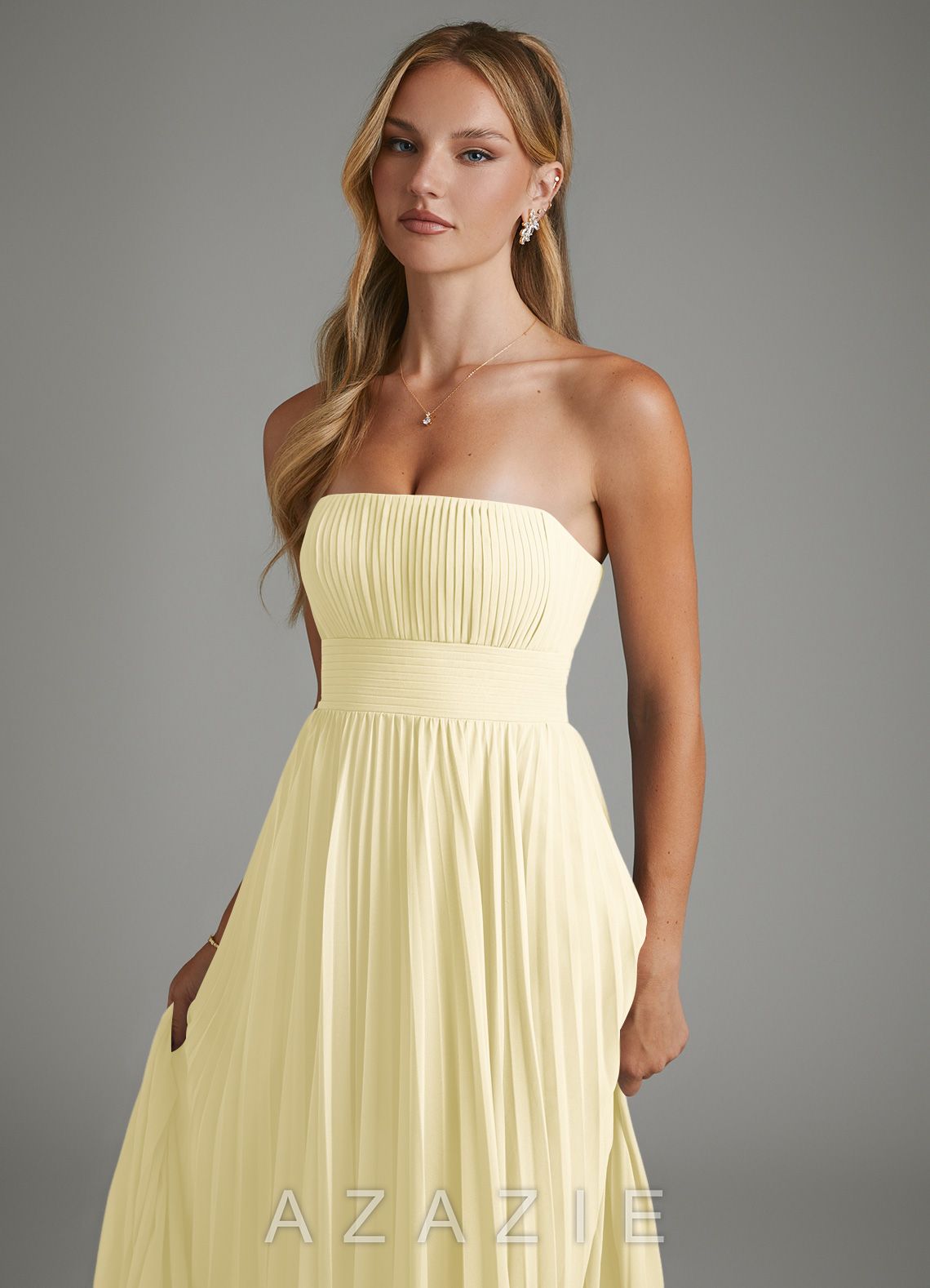 Azazie Ari Lemon Sorbet A-Line Strapless Chiffon Dress lemon_sorbet