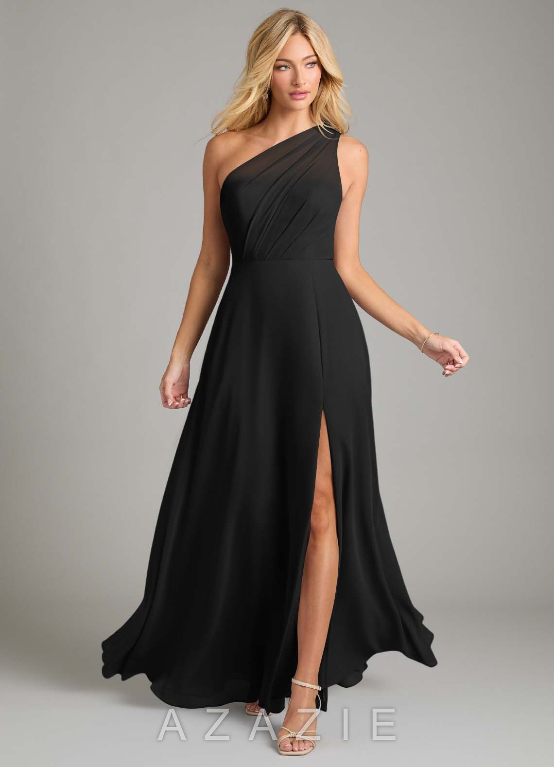 Azazie Phaedra Black A-Line One Shoulder Chiffon Dress black