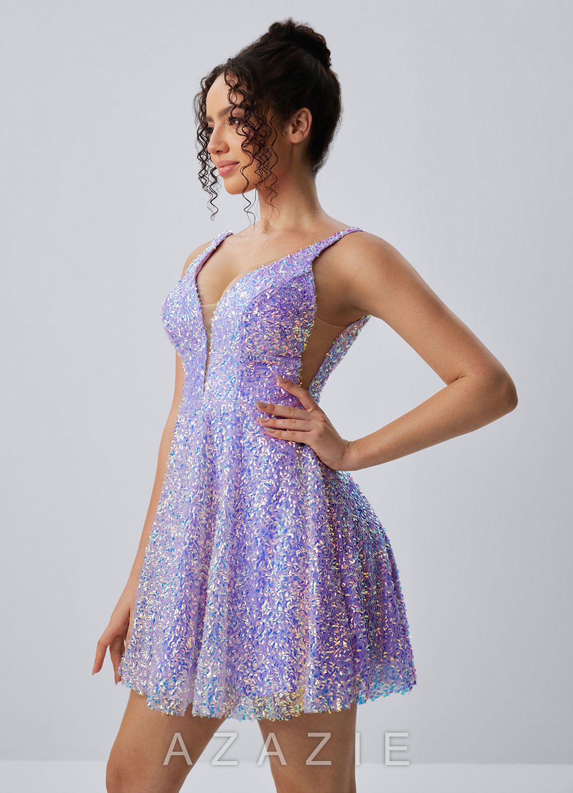 Manon Purple V-Neck Iridescent Sequin Skater Mini Dress