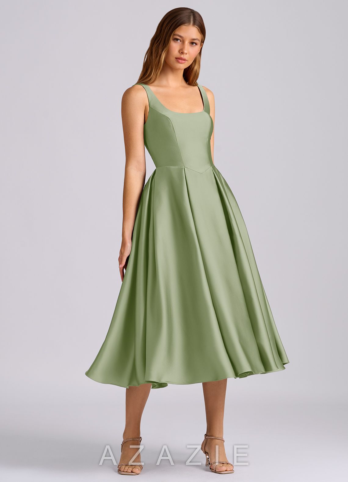 Azazie Amalie Dusty Sage A-Line Pleated Stretch Satin Dress