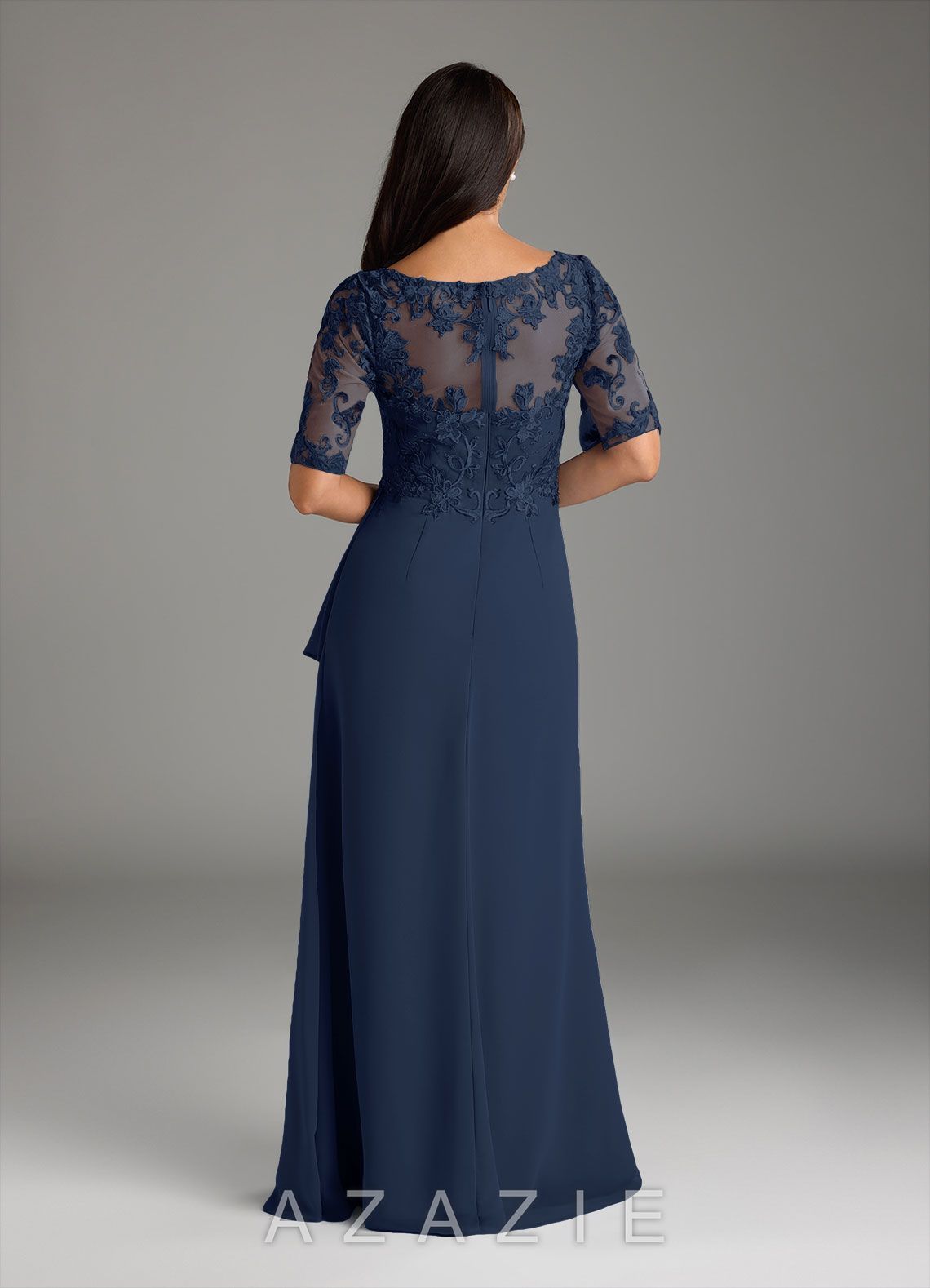 Azazie Amedeus Dark Navy A-Line V-Neck Lace Chiffon Dress dark_navy