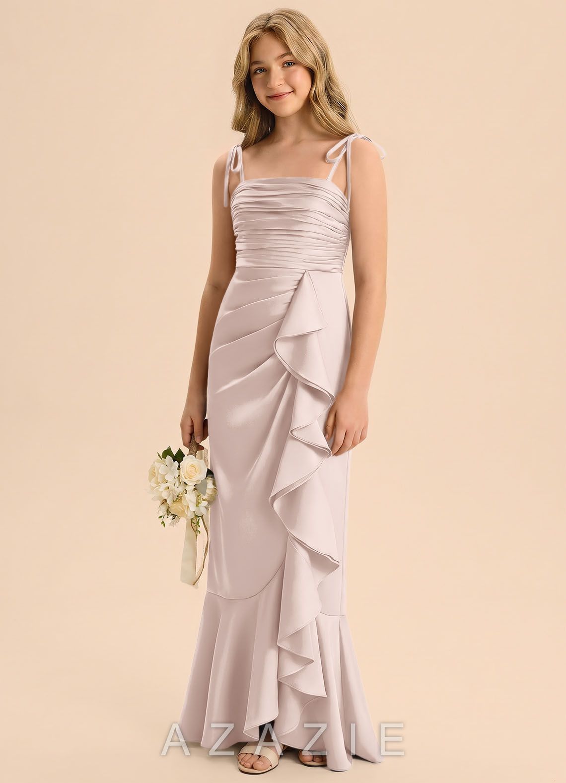 Azazie Ryan Junior Blushing Pink Sheath Bow Stretch Satin Dress blushing_pink
