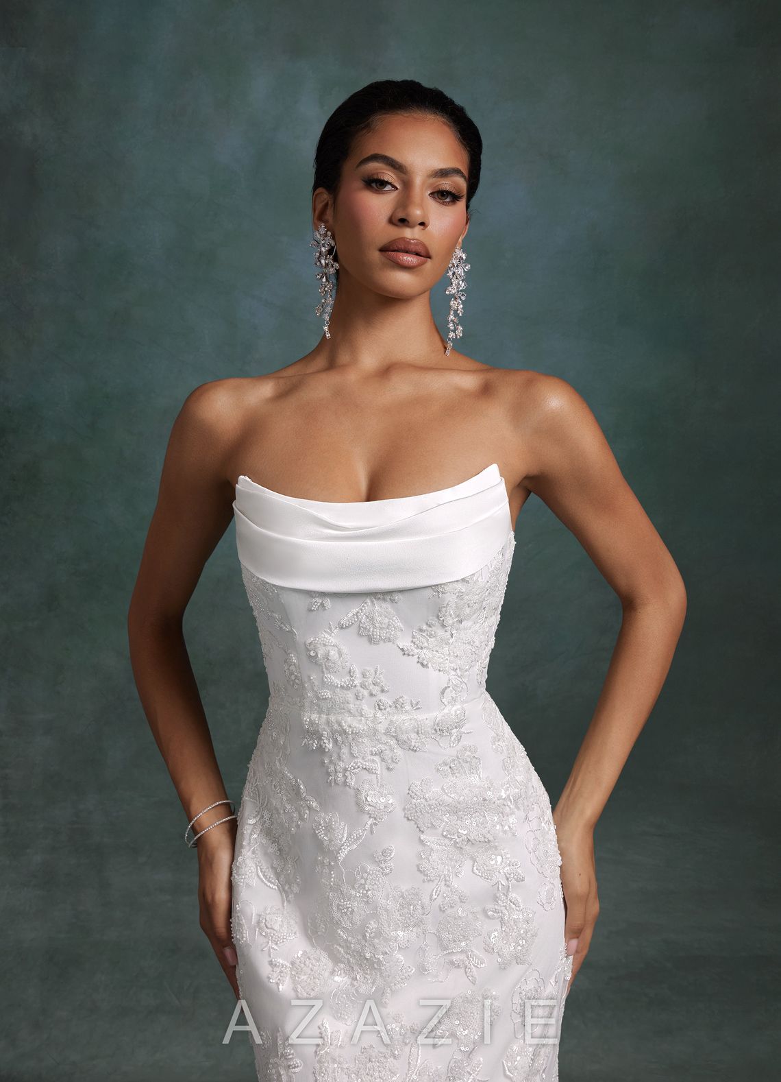 Azazie Frankie Diamond White Fit and Flare Strapless Embroidered Sequin Dress