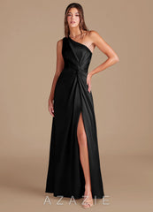 Azazie Brooke Black A-Line One Shoulder Metallic Satin Dress