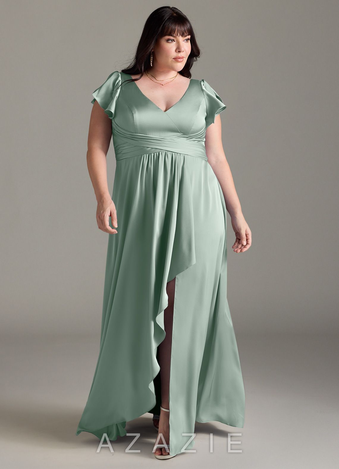 Azazie Omari Agave A-Line Stretch Satin Dress agave