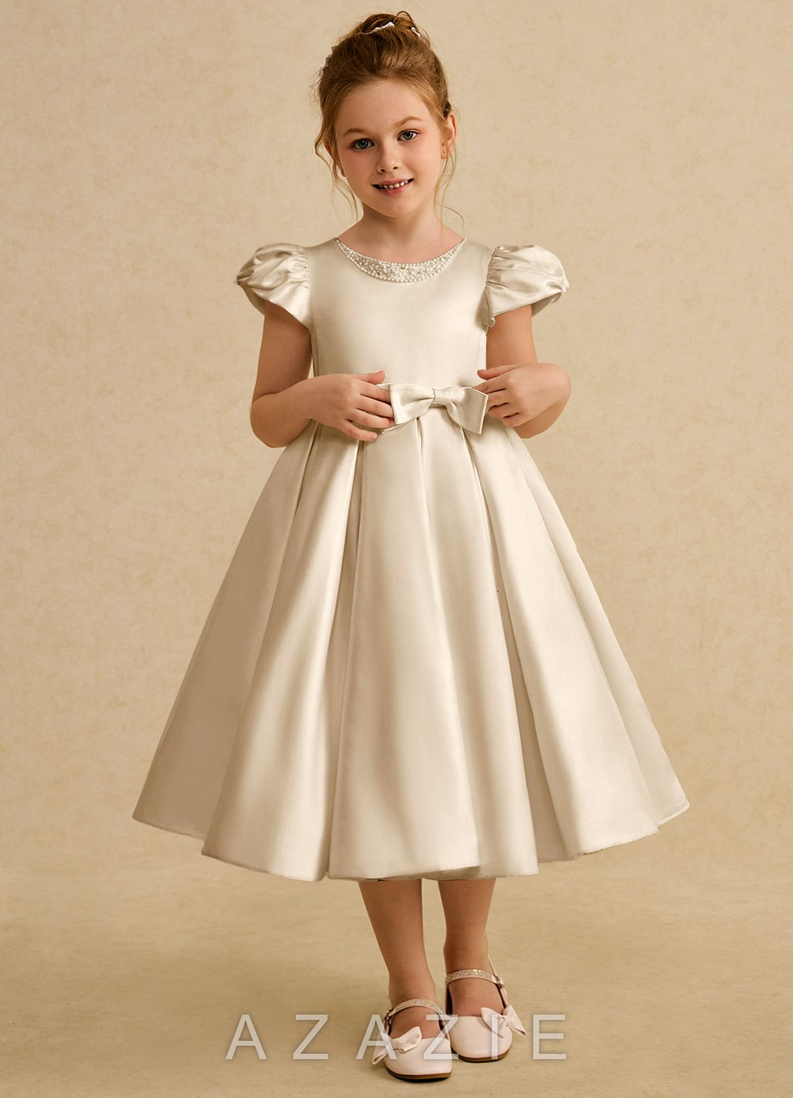 Azazie Pearl Champagne Ball-Gown Pleated Matte Satin Dress
