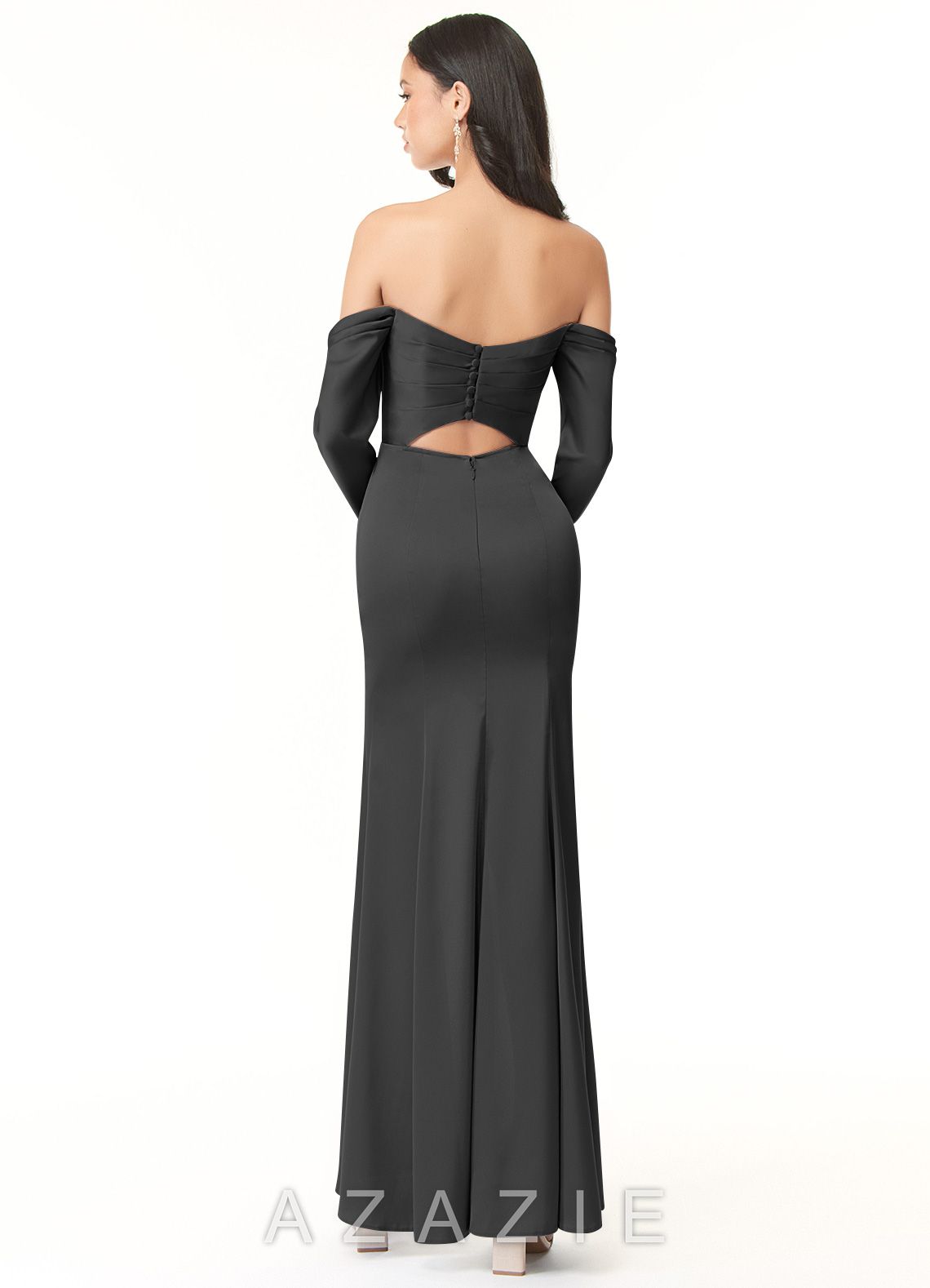 Azazie Hallie Black Mermaid Off-The-Shoulder Long Sleeve Stretch Satin Convertible Dress black