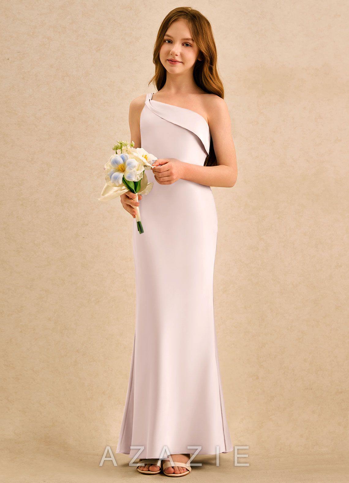 Azazie Almond Girls Formal Blushing Pink Sheath One Shoulder Stretch Satin Dress blushing_pink