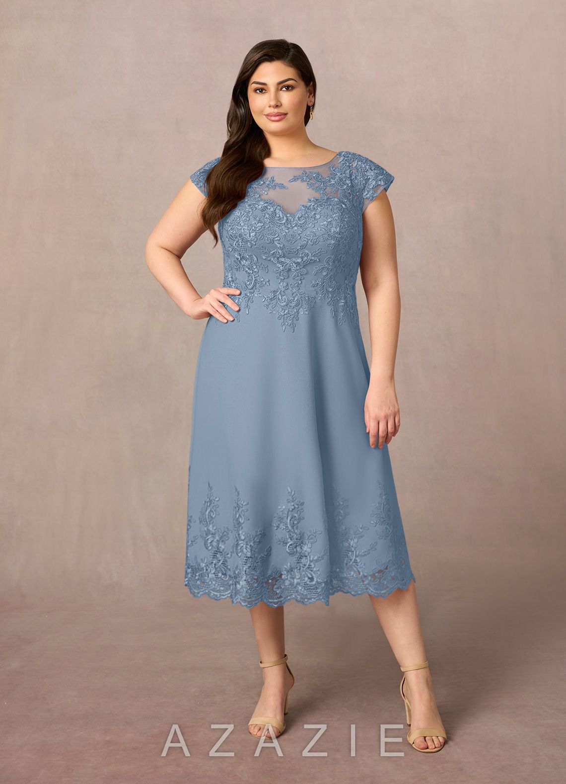 Azazie Terrano Dusty Blue A-Line Scoop Lace Dress dusty_blue