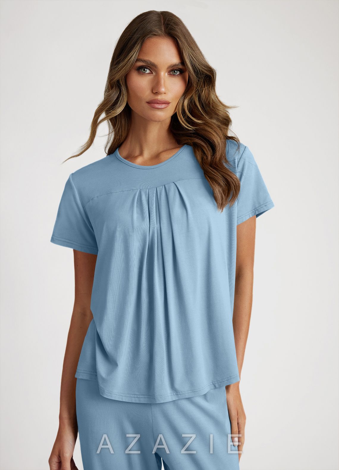 Bamboo Fiber Pleated T-Shirt and Pants Pajama Set  sky_blue