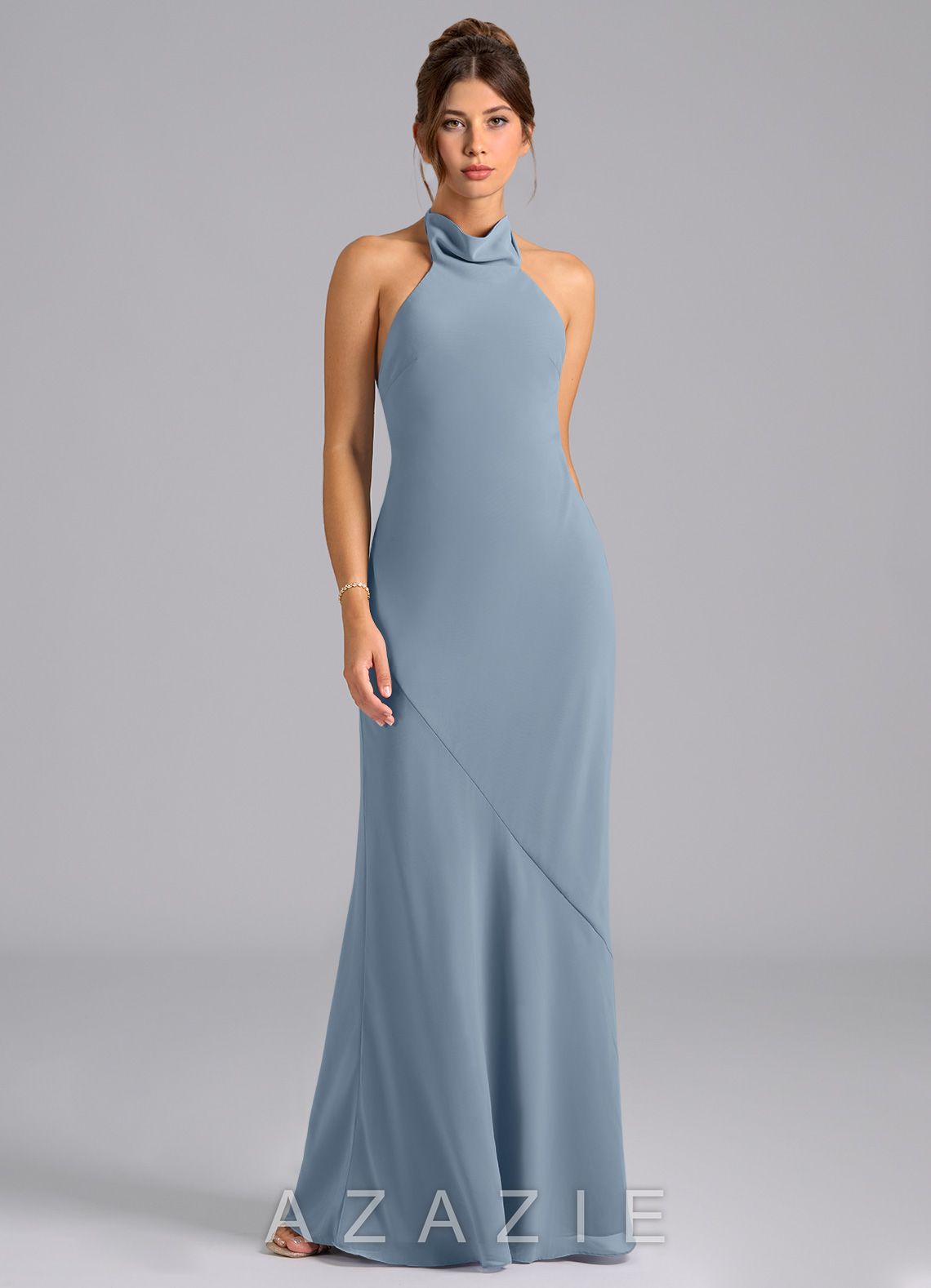 Azazie Velli Dusty Blue Mermaid High Neck Chiffon Dress dusty_blue