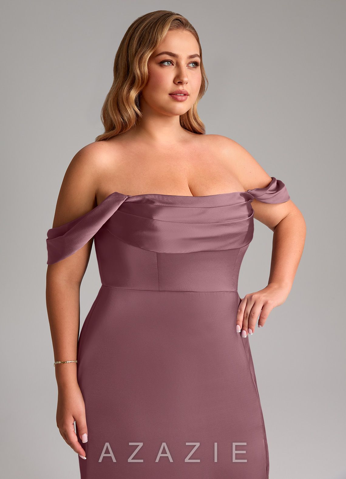 Azazie Saige Amethyst Sheath Off the Shoulder Stretch Satin Dress amethyst