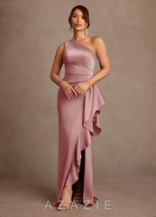 Azazie Yvette Dusty Rose Sheath One Shoulder Stretch Satin Dress