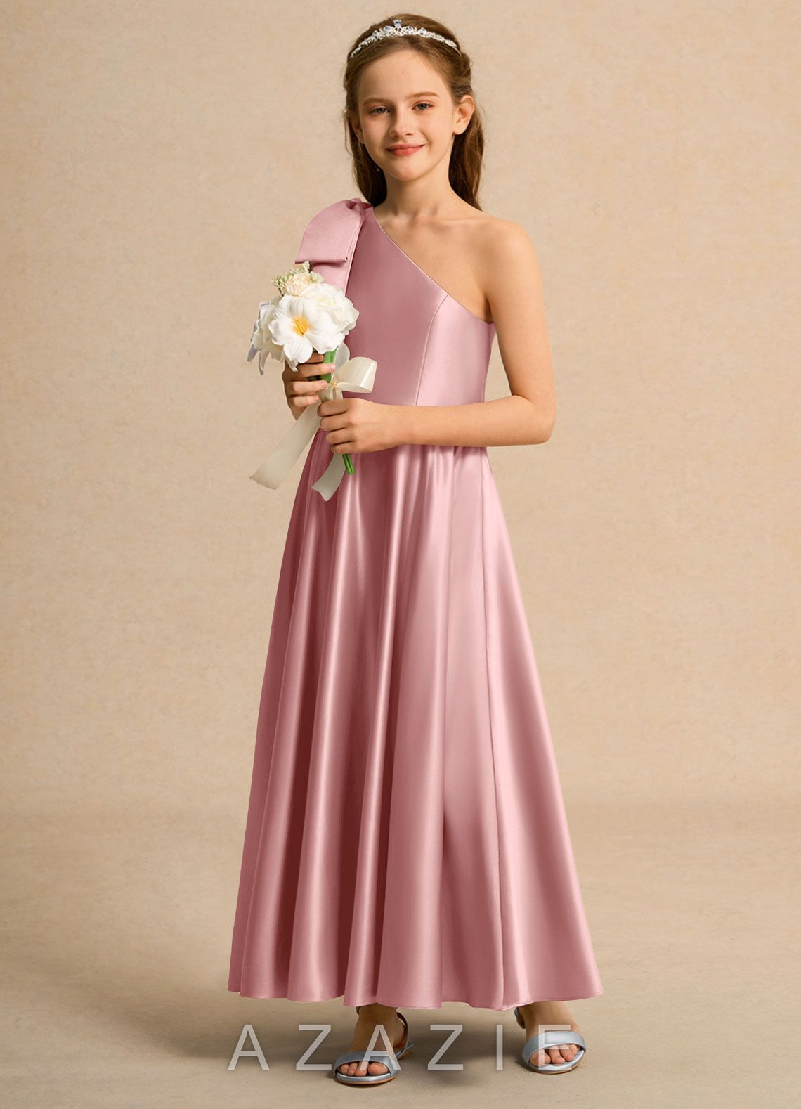 Azazie Guppy Girls Formal Dusty Rose A-Line One Shoulder Matte Satin Dress dusty_rose