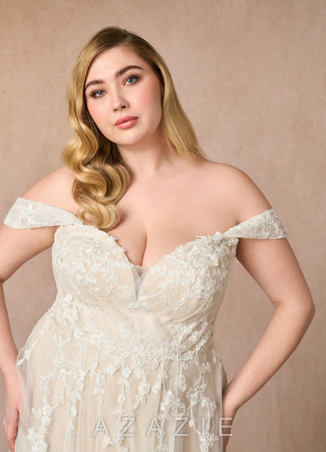 Azazie Botanica Wedding Dress Diamond White Champagne A-Line Off the Shoulder Tulle Dress diamond_white/champagne