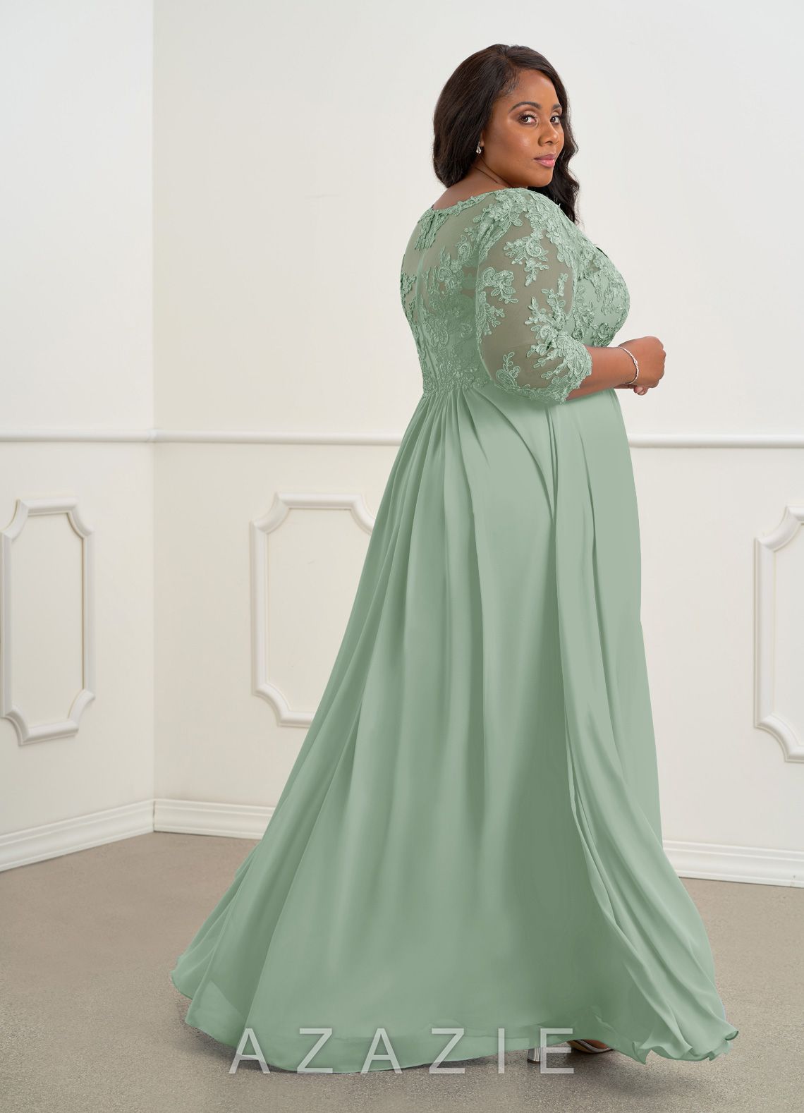 Azazie Hayek Agave A-Line V-Neck Lace Chiffon Dress agave
