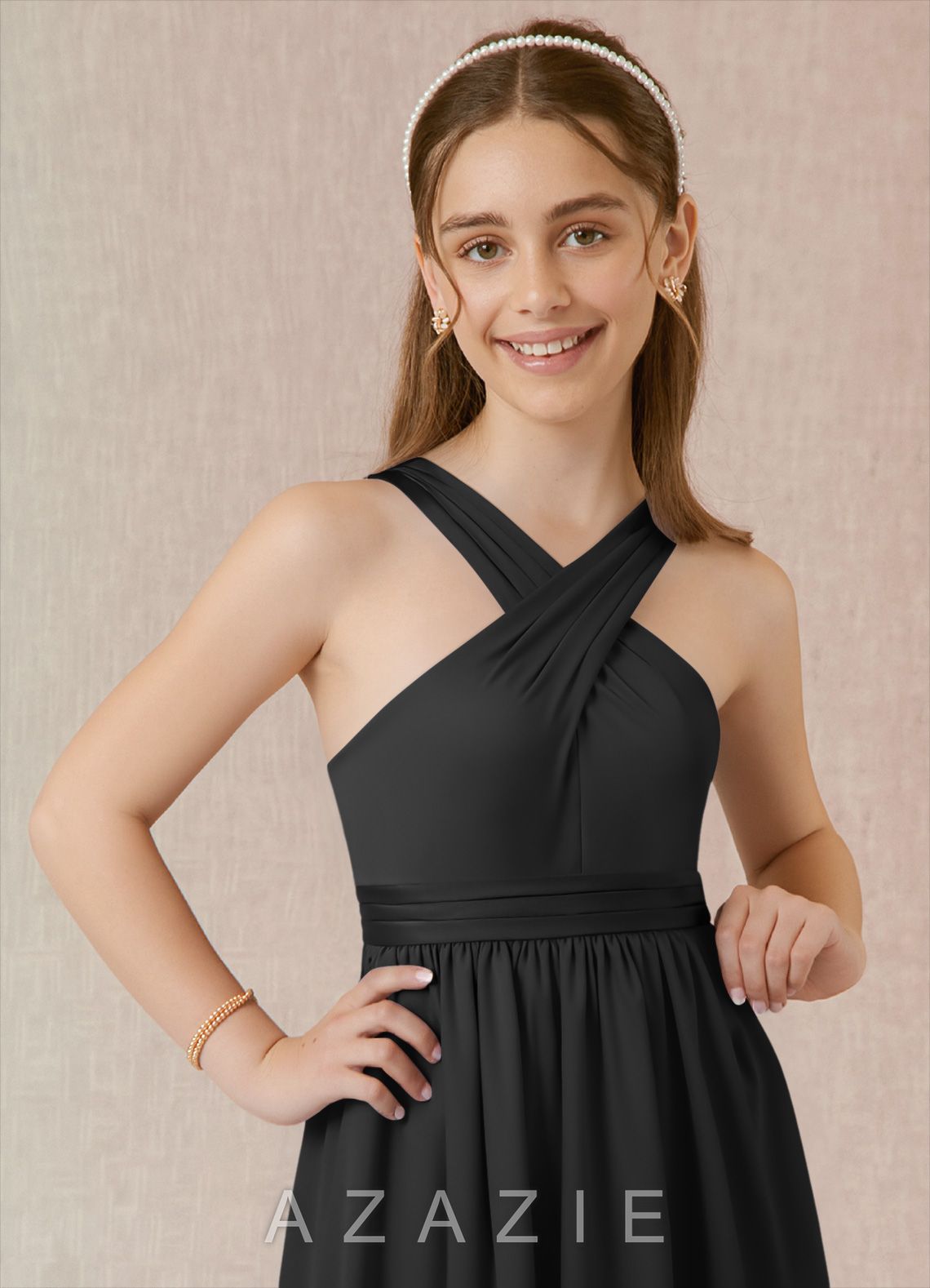 Azazie Jiya Junior Black A-Line Pleated Stretch Satin Dress black
