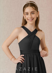 Azazie Jiya Junior Black A-Line Pleated Stretch Satin Dress black