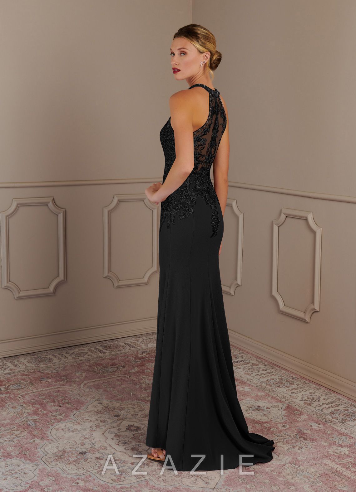 Azazie Tyra Black Mermaid Halter Lace Stretch Crepe Dress black