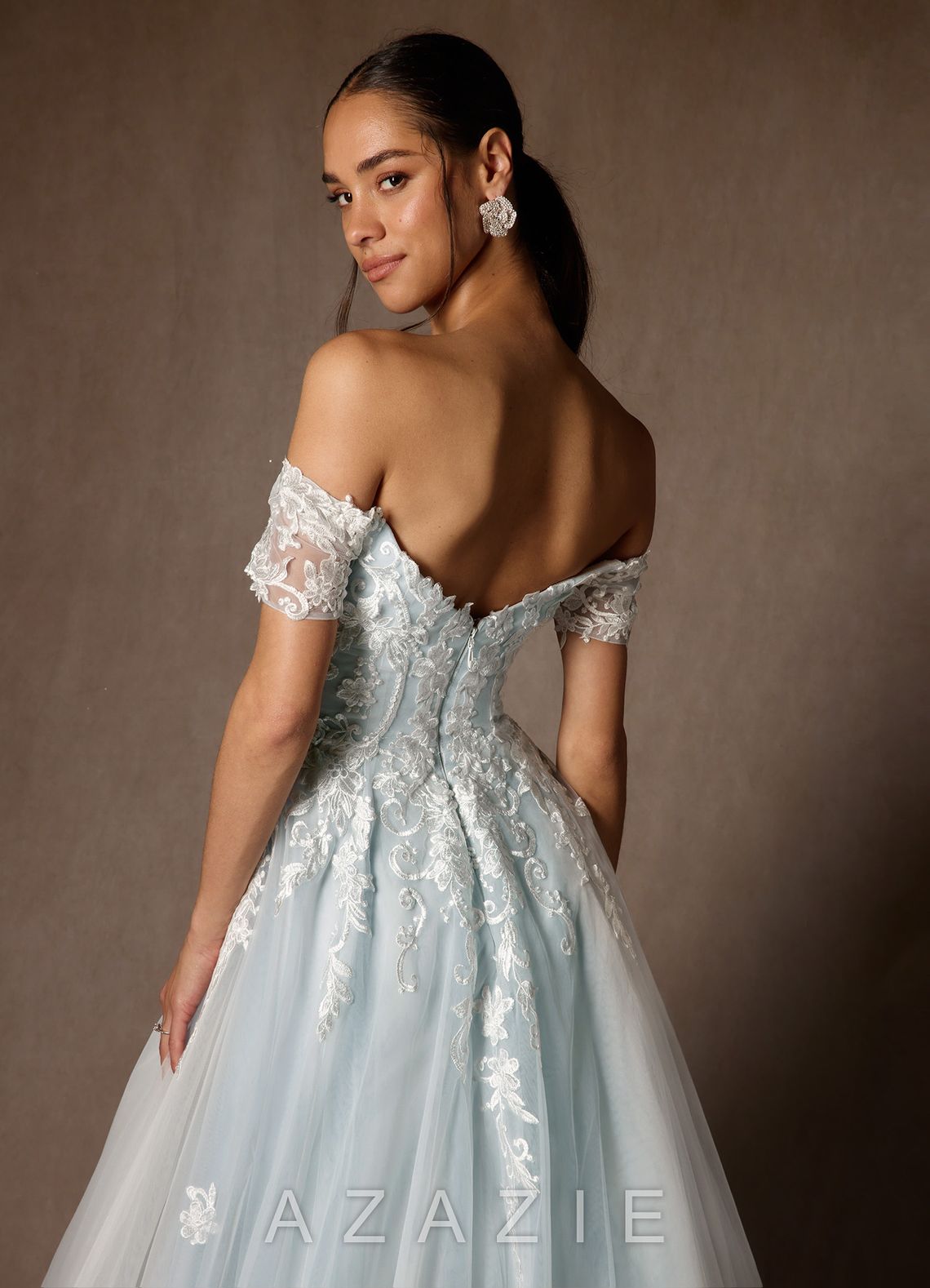 Azazie Rowe Wedding Dress Cloudy Blue Ball-Gown Off the Shoulder Tulle Dress