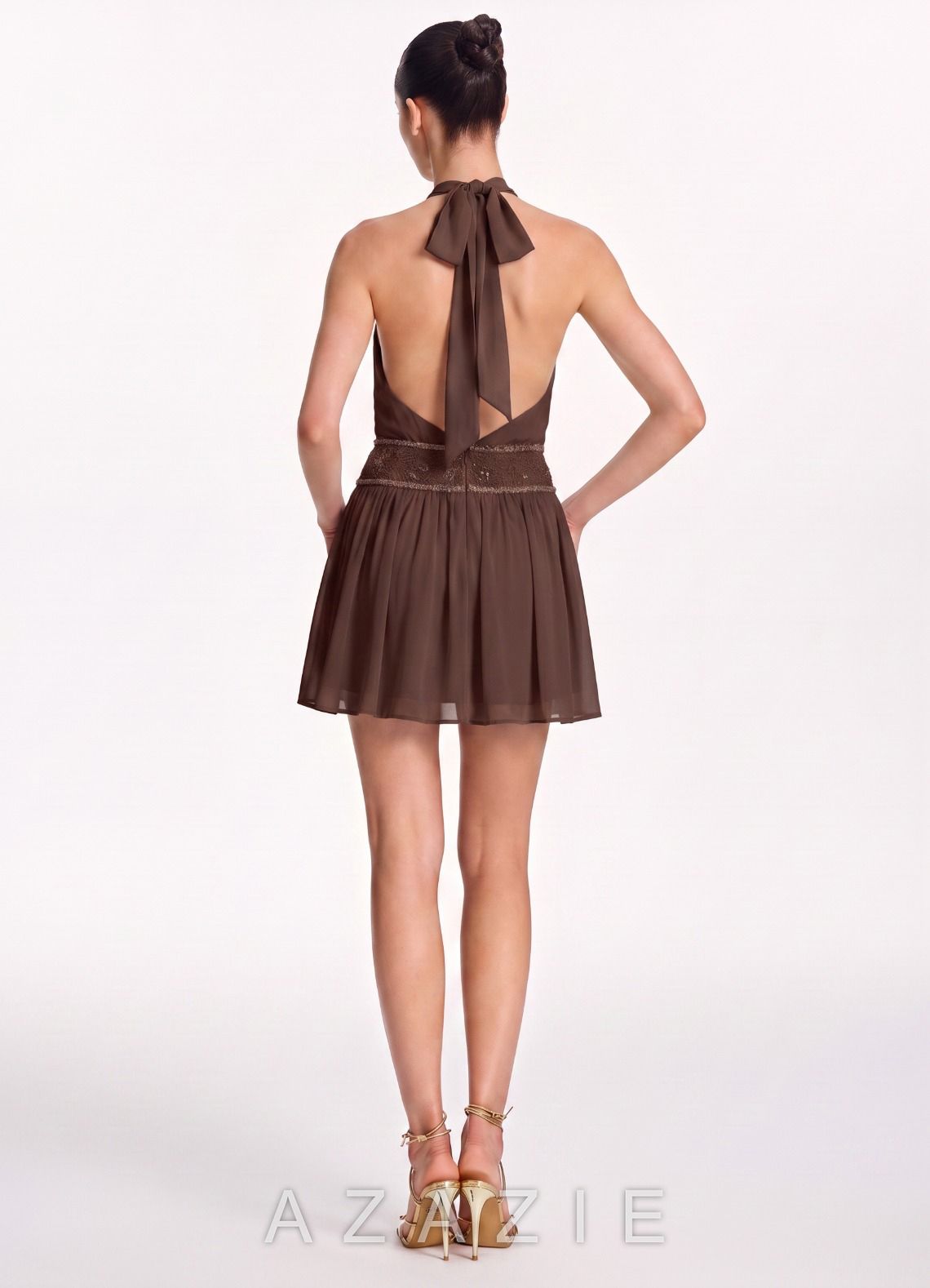 Rosalinde Ganache Halter Chiffon Beaded Waist Back Bow Mini Dress