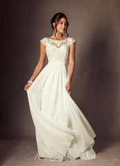 Azazie Brynslee Wedding Dress Cream A-Line Scoop Sequins Chiffon Dress