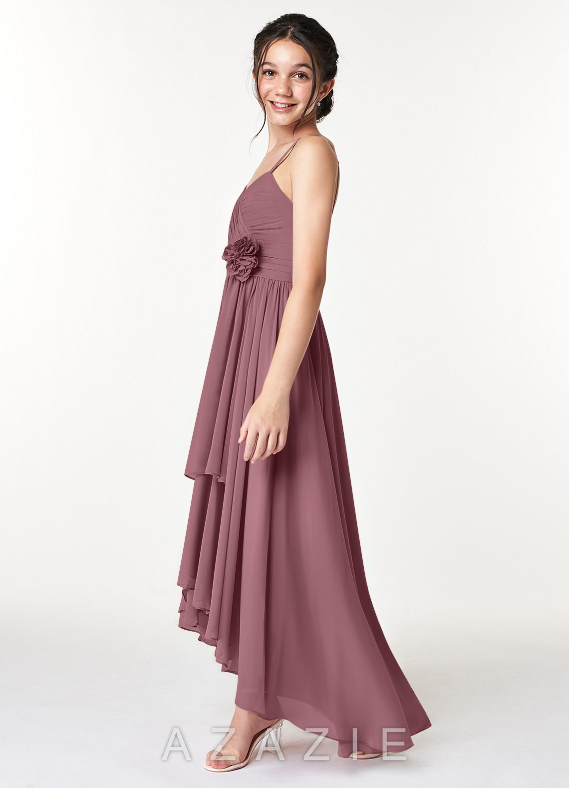 Azazie Catalina Junior Amethyst A-Line Ruched Chiffon Dress amethyst
