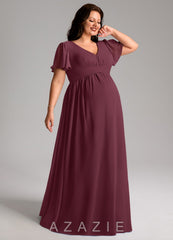 Azazie Verna A-Line V-Neck Ruched Chiffon Floor-Length Dress