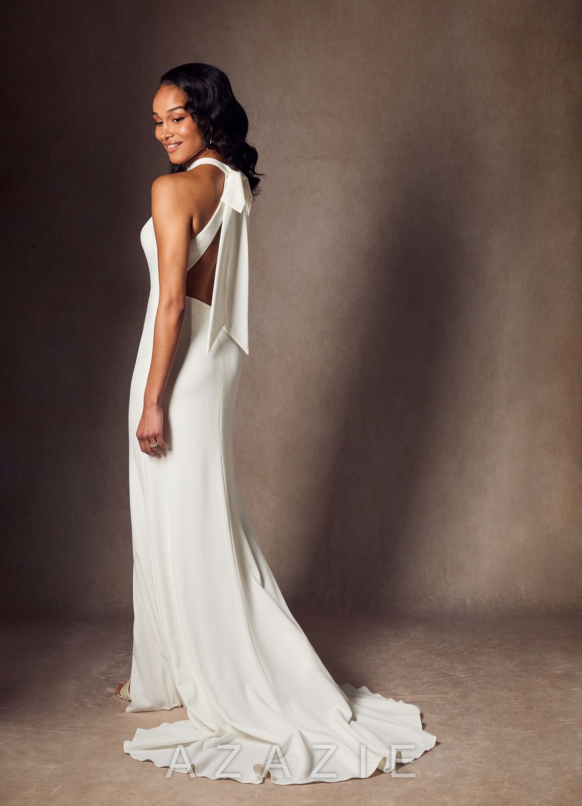 Azazie Aerith Wedding Dress Diamond White Sheath Bow Stretch Crepe Dress