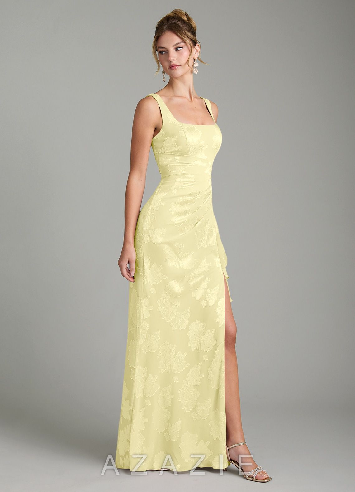 Azazie Veronica Lemon Sorbet Mermaid Pleated Floral Jacquard Burnout Dress lemon_sorbet