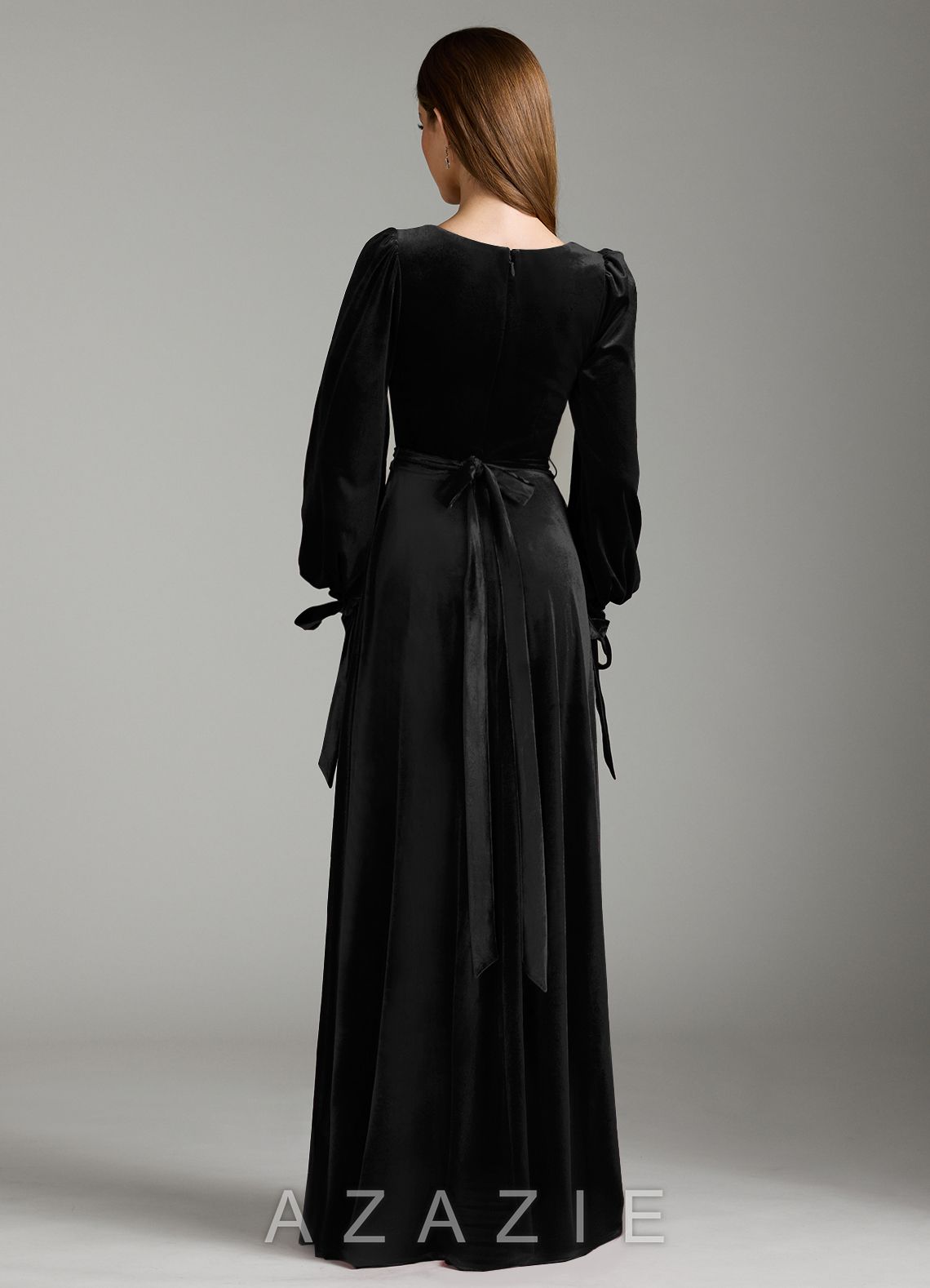 Azazie Leonia Black A-Line Long Sleeve Velvet Dress black