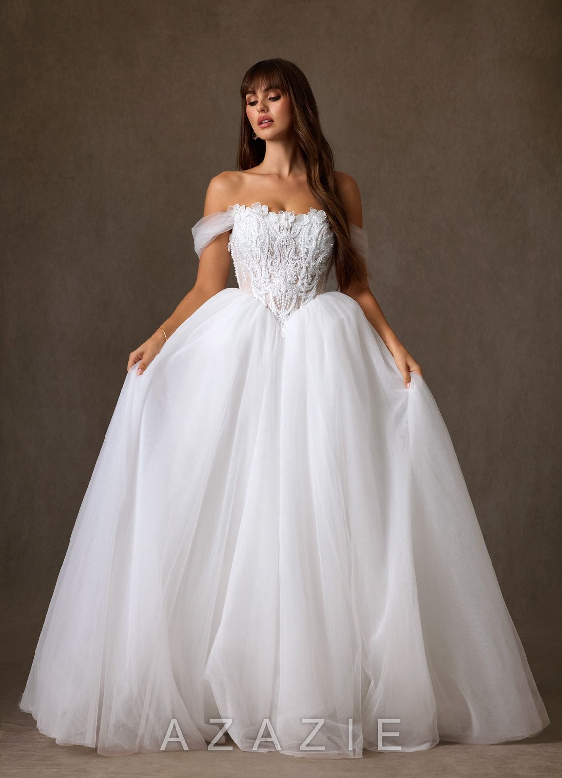 Azazie Sariyah Diamond White Ball-Gown Off the Shoulder Tulle Dress