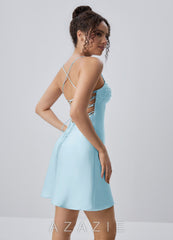 Joviannelle Sky Blue Beading Sequin Embroidery Satin Open Back Mini Dress