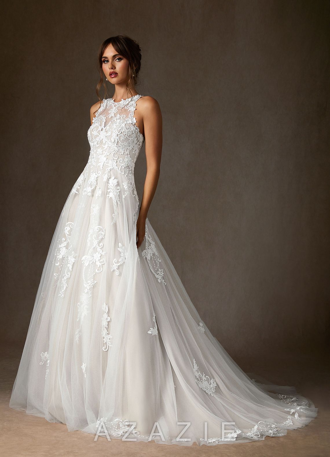 Azazie Melrose Wedding Dress Diamond White A-Line Sweetheart Lace Tulle Dress