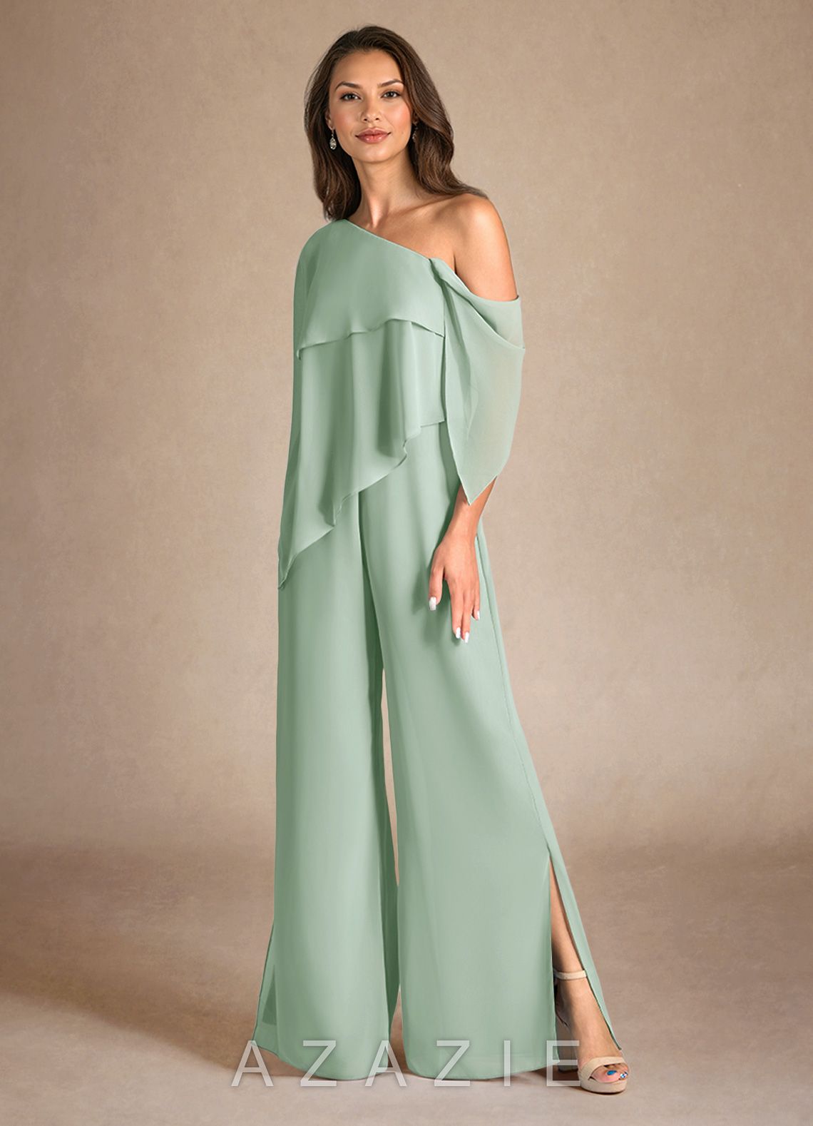 Azazie Halima Agave Jumpsuit/Pantsuit Side Slit Chiffon Dress agave