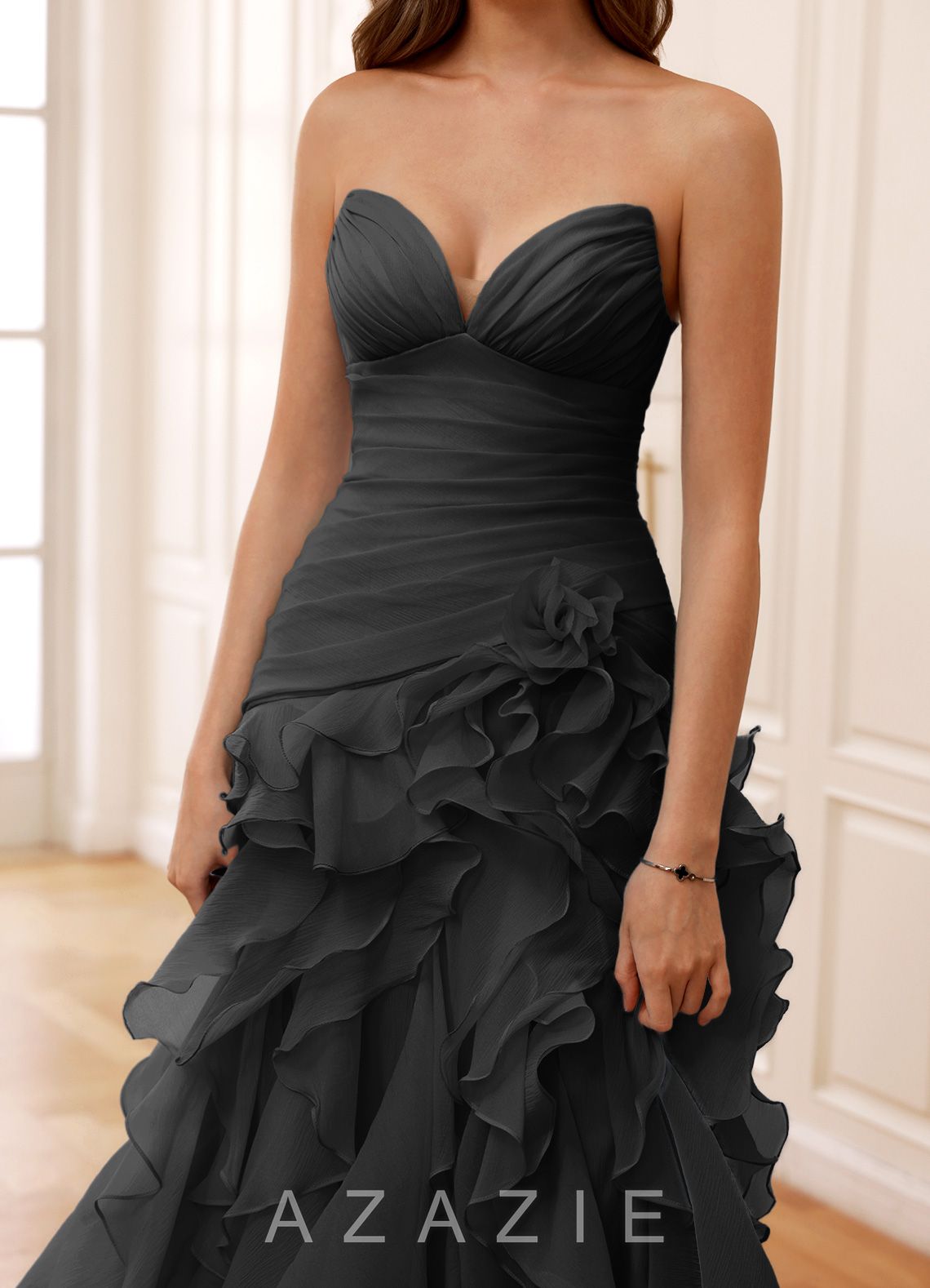 Christabelle Black Sweetheart Ruffled Chiffon Dress
