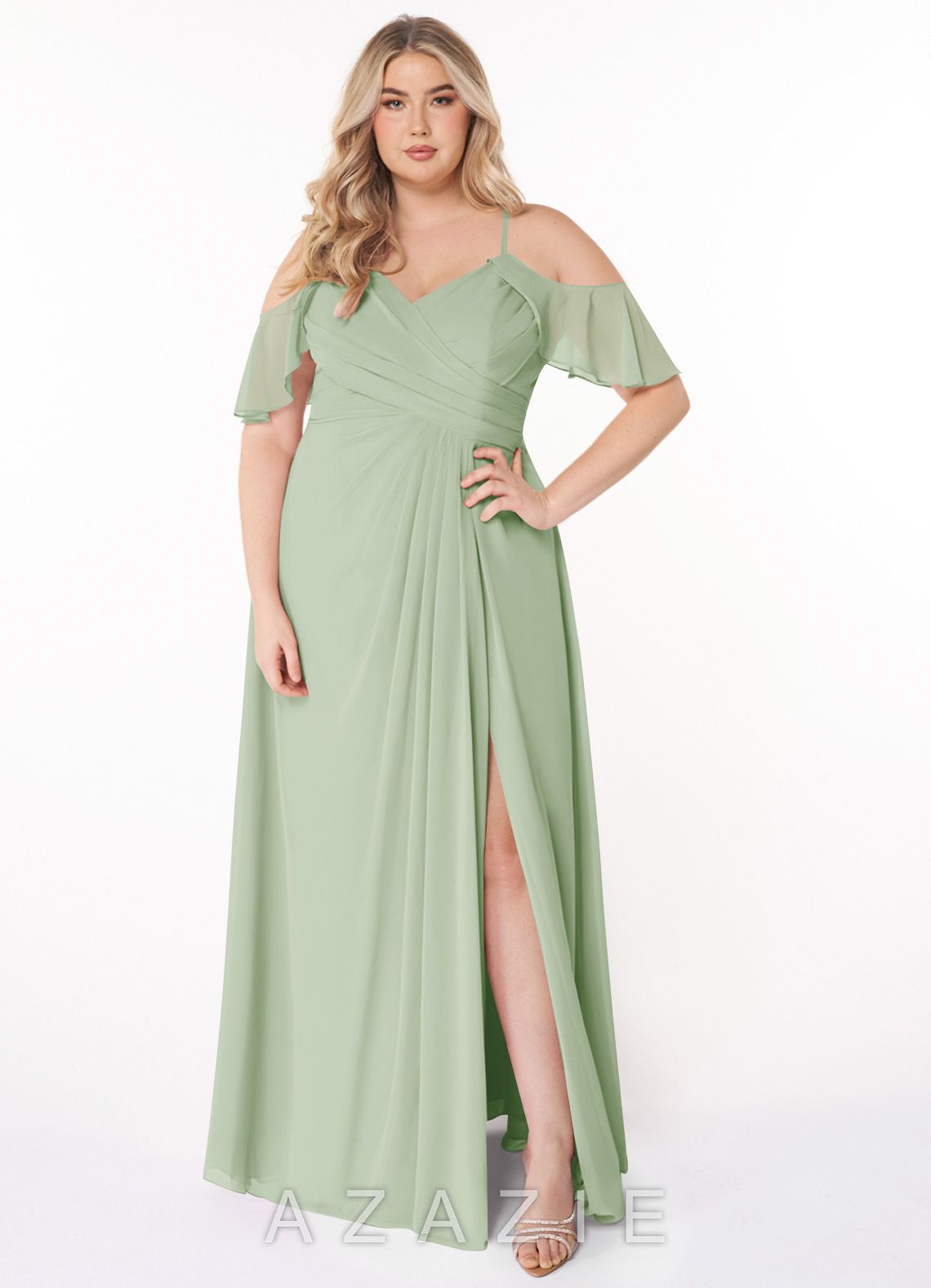 Azazie Dakota Dusty Sage A-Line V-Neck Pleated Chiffon Dress dusty_sage