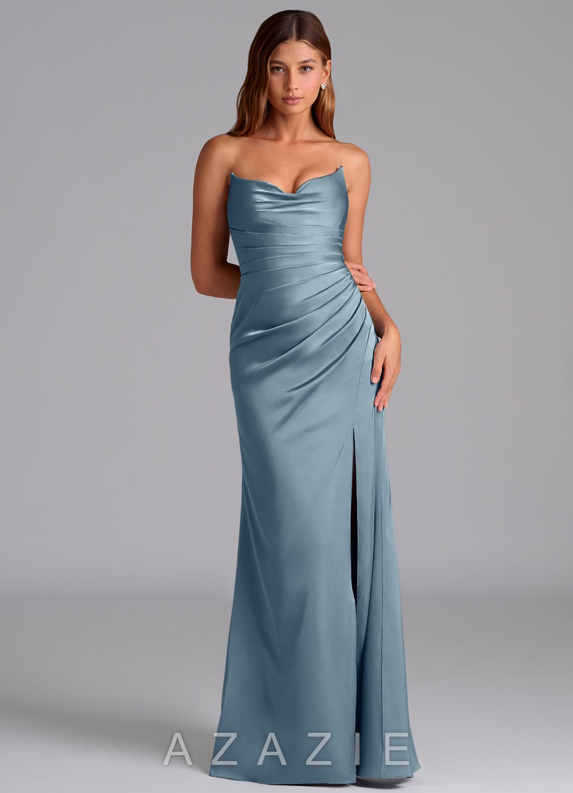 Azazie Claudelle Dusty Blue Mermaid Strapless Stretch Satin Dress dusty_blue