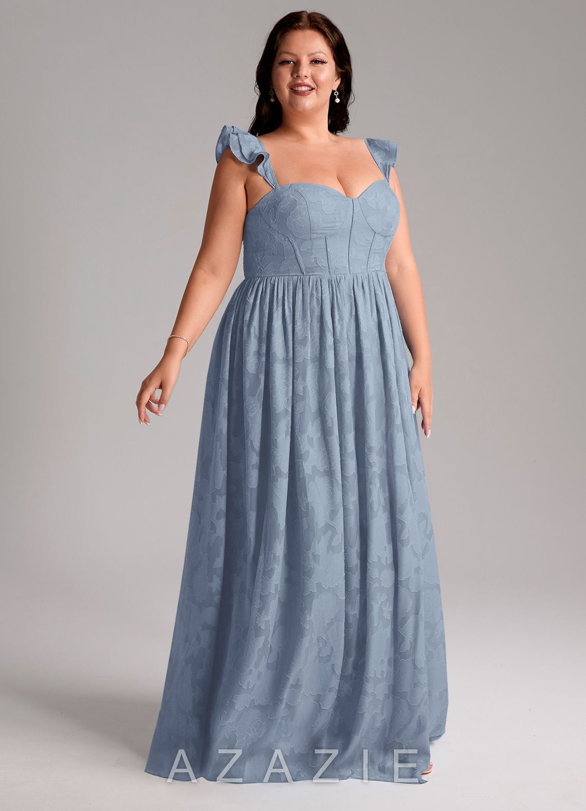 Azazie Denisse Dusty Blue A-Line Ruched Floral Burnout Dress dusty_blue