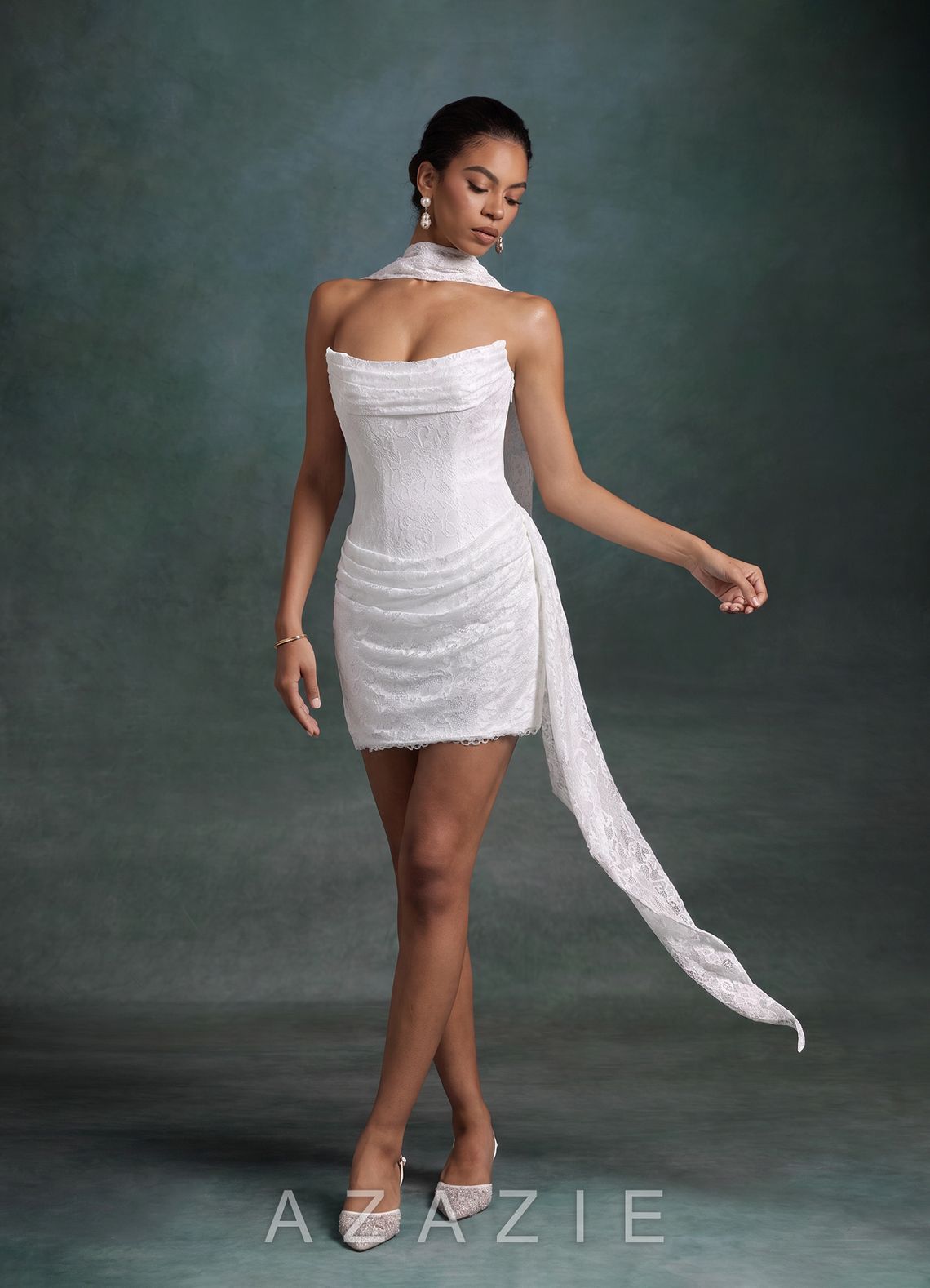 Azazie Kennedy Diamond White Sheath Strapless Lace Dress