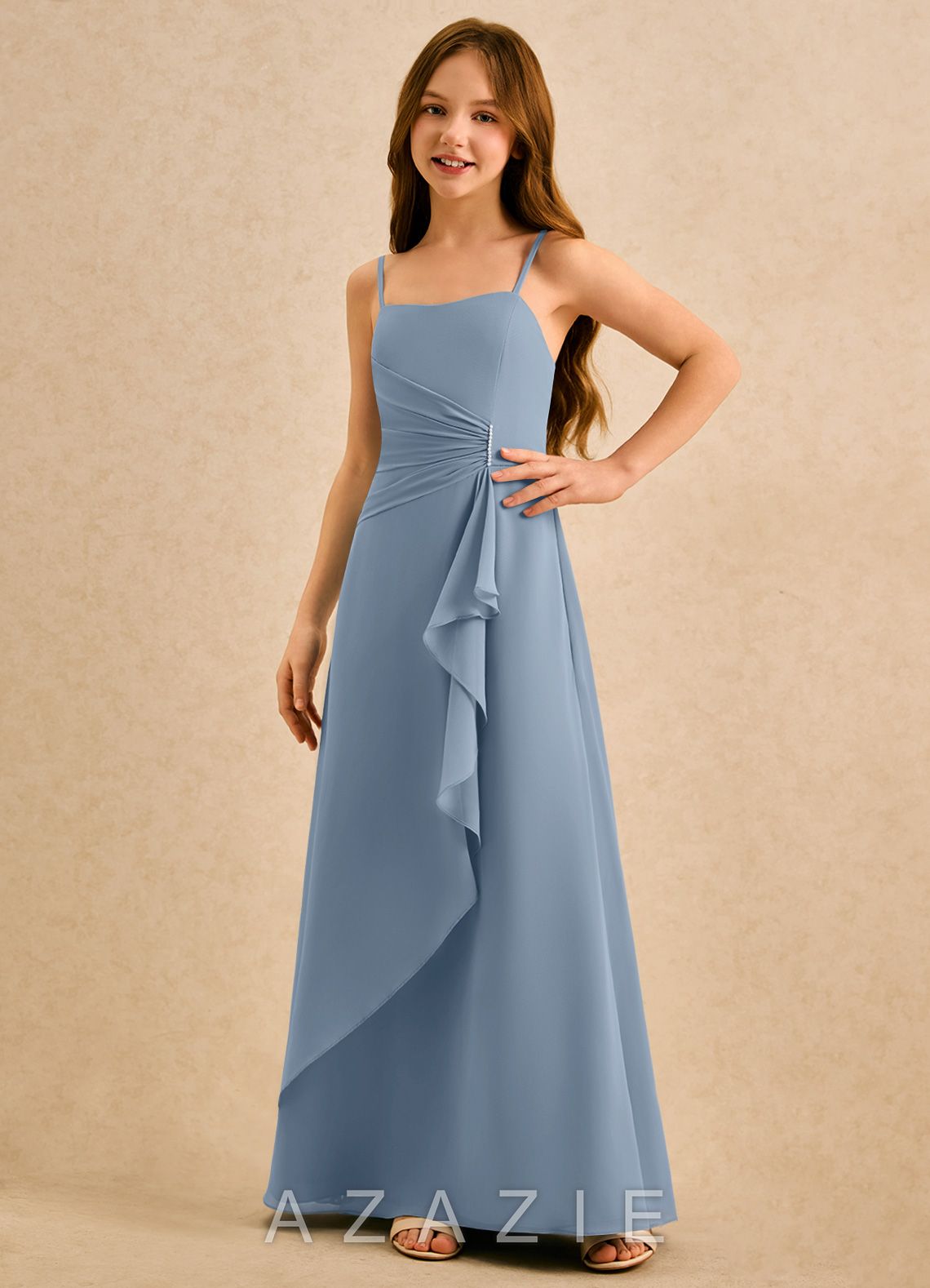 Azazie lolly Girls Formal Dusty Blue A-Line Pleated Chiffon Dress dusty_blue