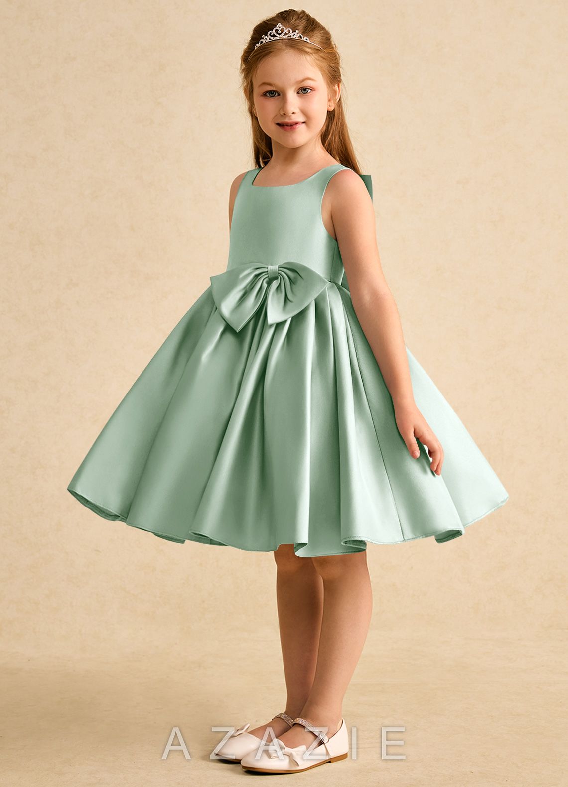 Azazie Jessie Agave A-Line Bow Matte Satin Dress agave