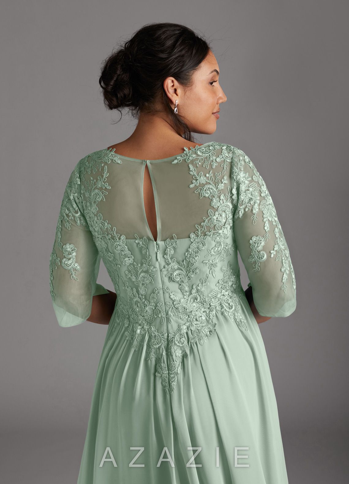 Azazie Mirielle Agave A-Line Scoop Lace Chiffon Dress agave