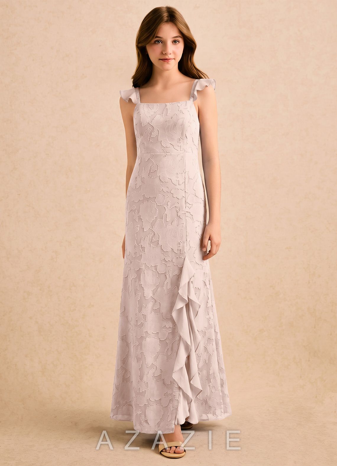 Azazie Novanlie Girls Formal Blushing Pink Mermaid Bow Floral Burnout Dress blushing_pink