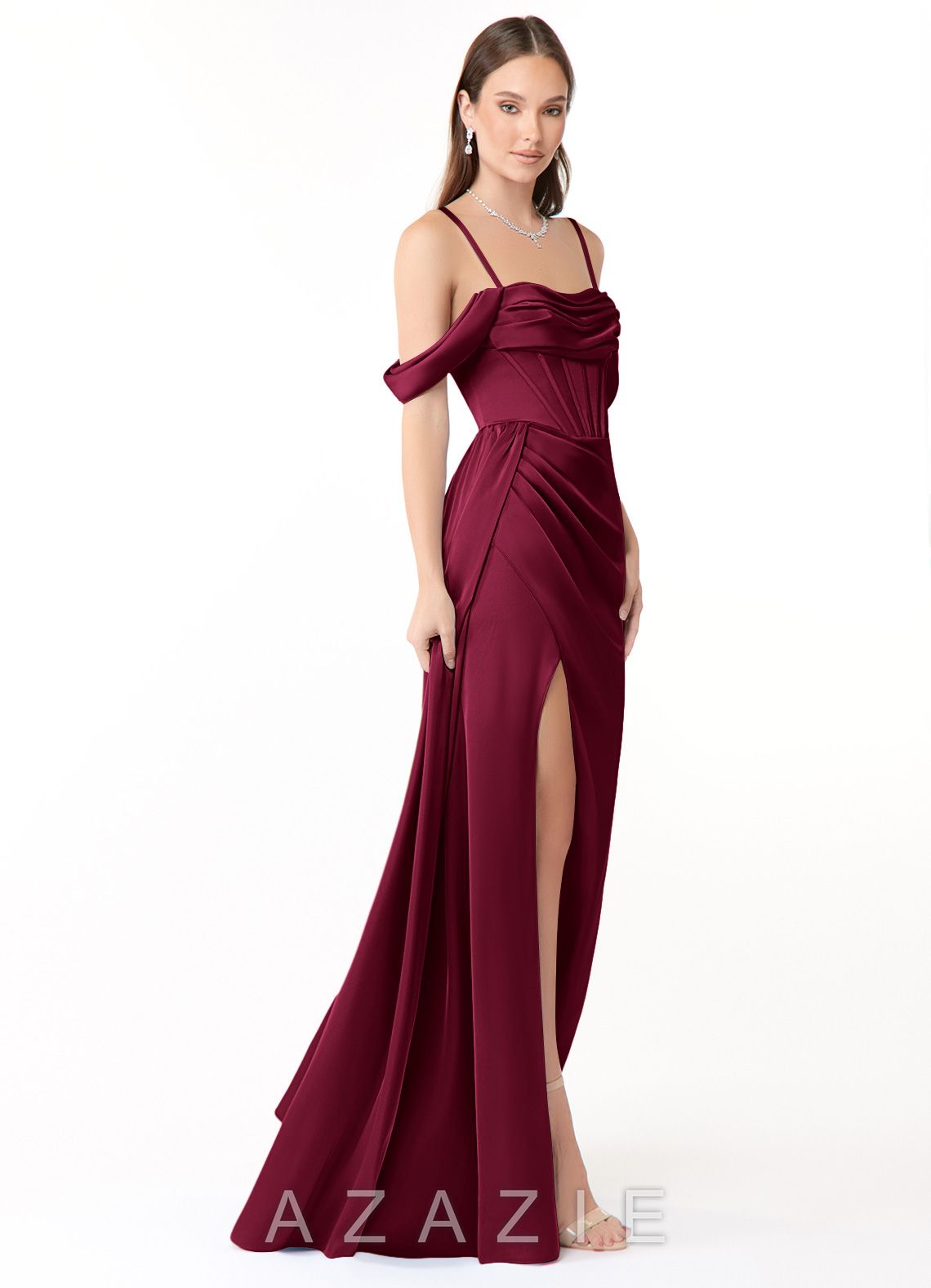 Azazie Amyra Burgundy Mermaid Off the Shoulder Stretch Satin Convertible Dress burgundy